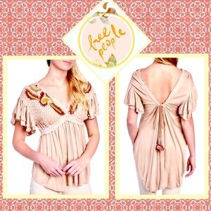 Free People Beige Embroidered Ruffle Sleeve Tunic